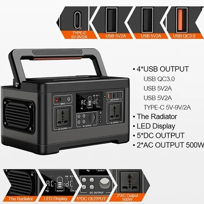 500W Μεγάλη χωρητικότητα φορητό εξωτερικό σταθμό ηλεκτρικής ενέργειας μπαταρία 520Wh